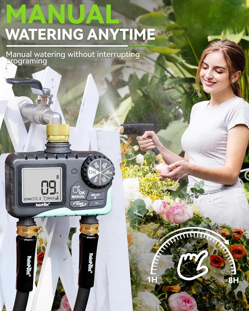 RAINPOINT Water Timer for Garden Hose - Sprinkler Timer with Brass Swivel - Rain Delay/Manual Watering/Automatic Irrigation Programmable Faucet for Yard, 2 Outlet - Image 5